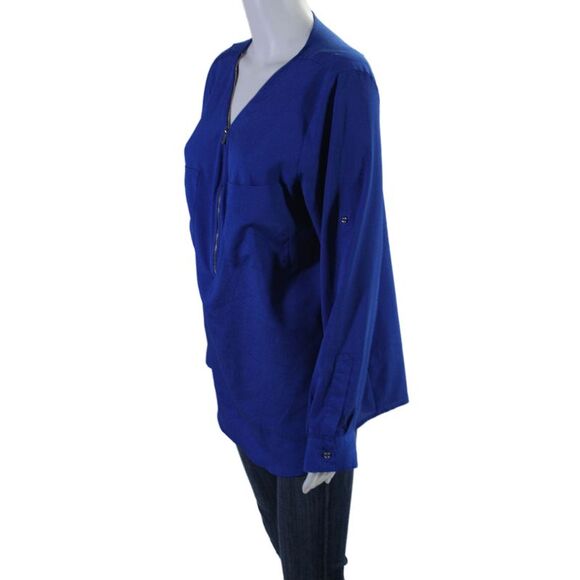 Calvin Klein Womens V Neck Long Sleeved Zipped Closure Blouse Blue Size L - Picture 2 of 4